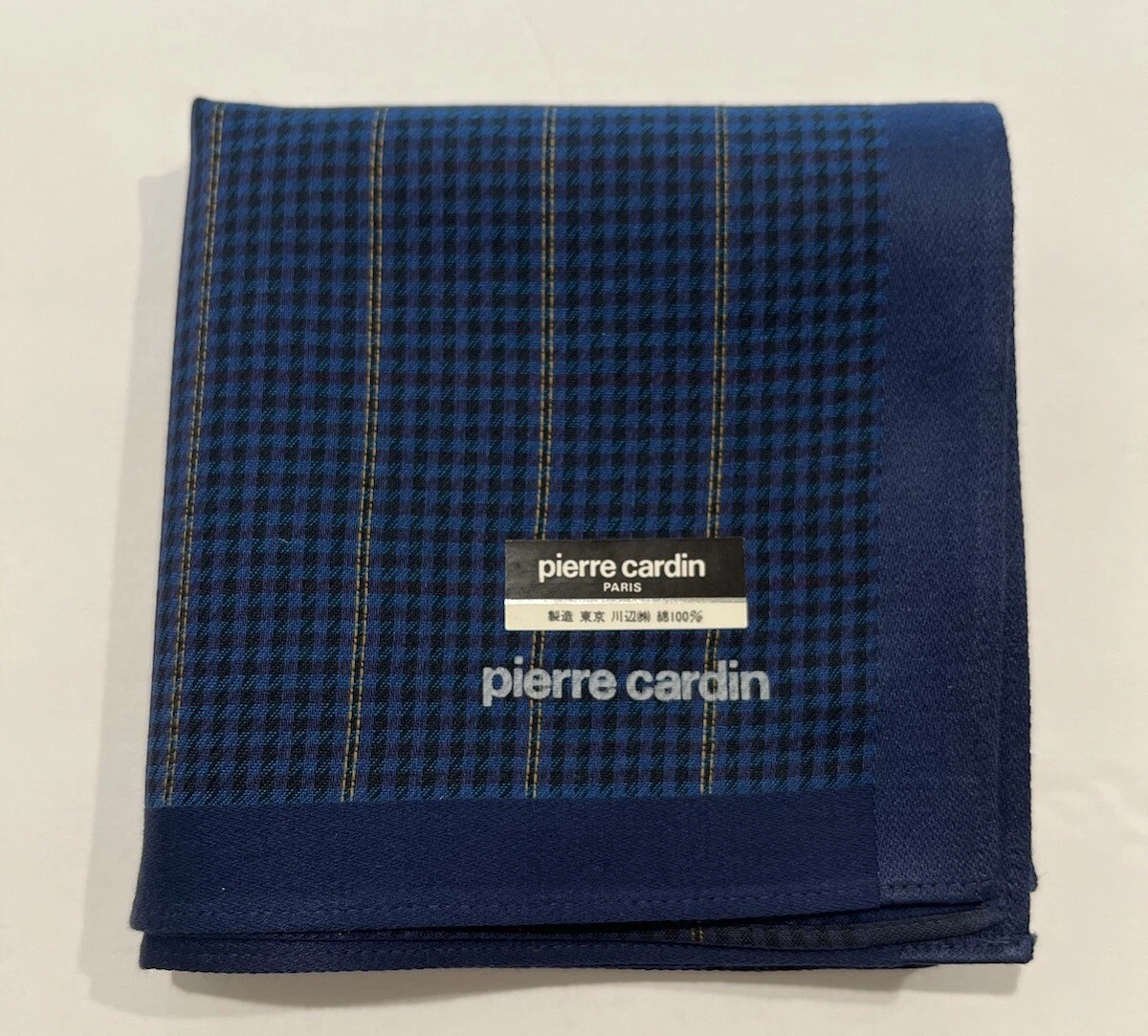 HANDKERCHIEF MEN VTG PIERRE CARDIN BLUE CHECKS PLAIN POCKET SQUARE COTTON 18"