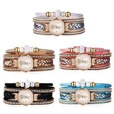 Women Girls Boho Rhinestone Multilayer Leather Bracelet Analog Quartz Wristwatch
