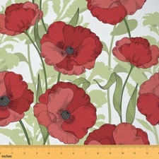 Botanical Bliss Fabric - Vibrant Poppy Flower & Chic Leaves Upholstery Fabric fo