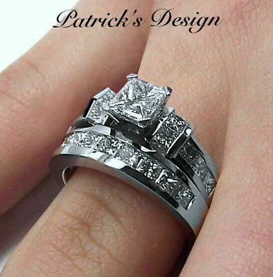2.65CT PRINCESS CUT DIAMOND ENGAGEMENT RING BRIDAL SET 14K WHITE GOLD ...