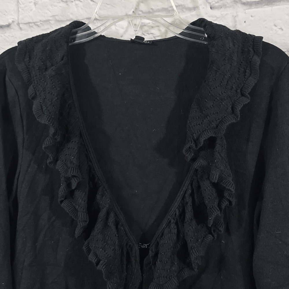 Rafaella Ruffled Solid Black Pointelle Cardigan S… - image 2