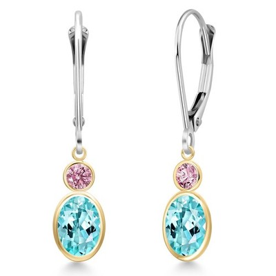 14K Two Tone Gold Blue Apatite and Pink Lab Grown Diamond Dangle Earrings for