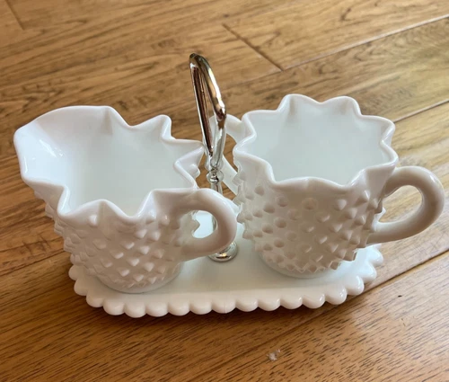 vintage 50s Fenton milk glass hobnail star crimped cream & sugar with tray