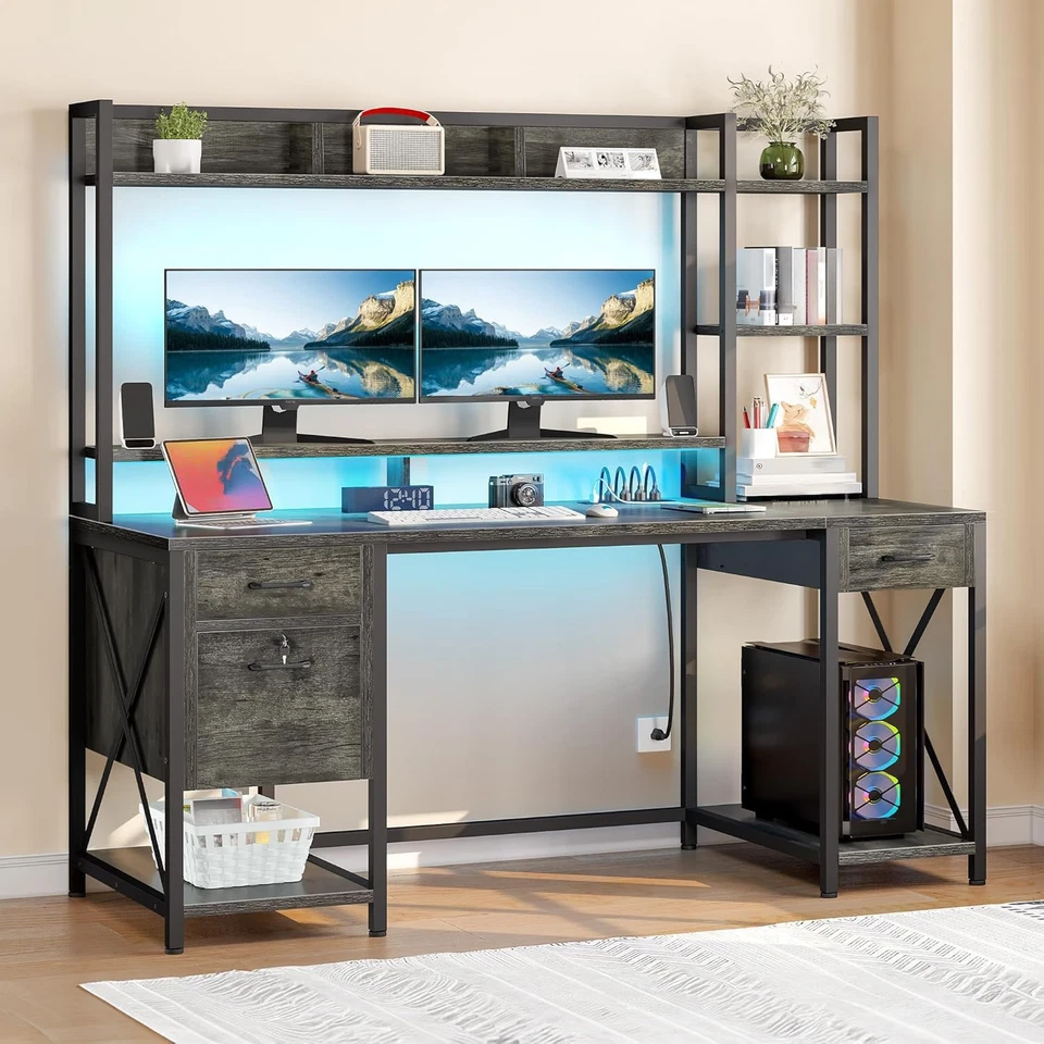 Escritorio de Ordenador con Funda y Cajones, Escritorio de Oficina 59" con Tomas de Corriente, Gaming D Foto 3 de 4