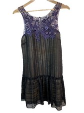 Free People Women's XS Black Delicate Blue Floral Crochet Lace Shift Dress