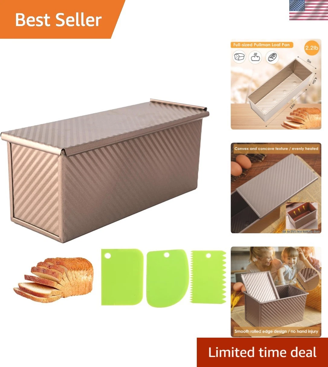 Versatile 13x5 Inch Sourdough Loaf Pan with Pullman Lid & Dough Scraper Included