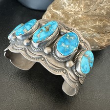 Mens Blue Kingman Turquoise Sterling SIlver Cluster Cuff Bracelet 8.2" 18875