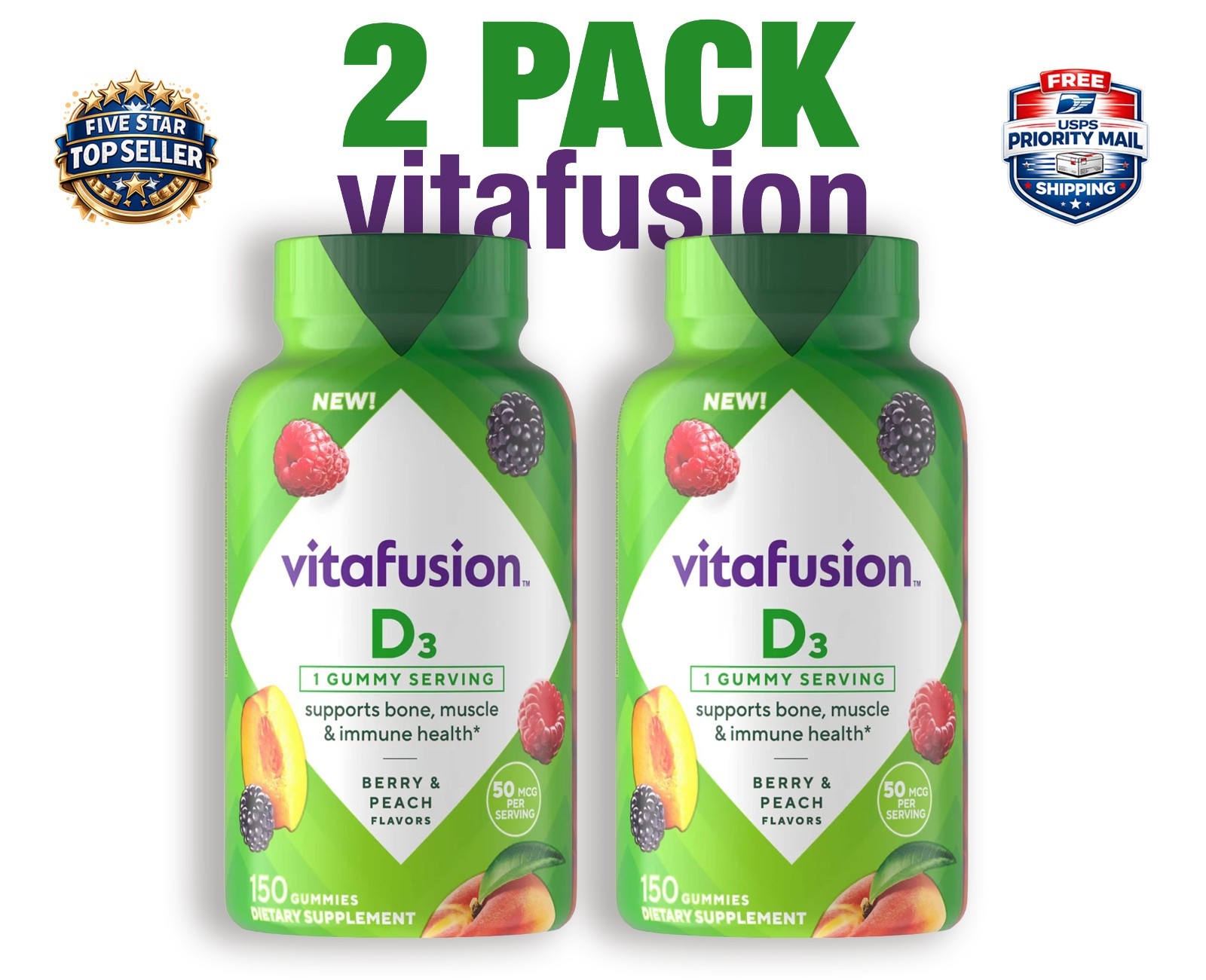 2 PACK - vitafusion Vitamin D3 Gummy Vitamins 150 Ct Berry & Peach EXP 02/2027 +