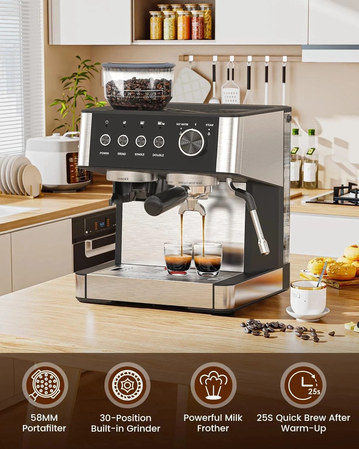 20 Bar Espresso Machine with Built-in Anti-Clog Coffee Grinder, Expresso Coffee