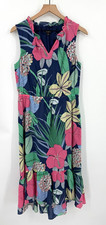 Talbots Dress Womens 10 Petite Blue Pink Floral Print Ruffle Sleeveless Midi