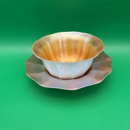 Steuben Shape # 2680 Gold Aurene & Calcite Finger Bowl & Underplate- 2” Crack