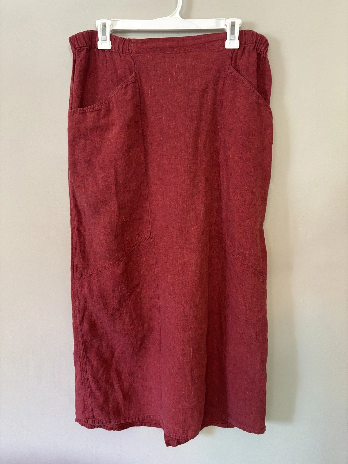 FLAX 100% Linen Midi Skirt Red Coral Pockets Slit Elastic Waist Size Medium M