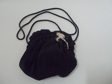 VTG Black Hinged Evening Bag Purse w/ Rhinestone Flower Detailing