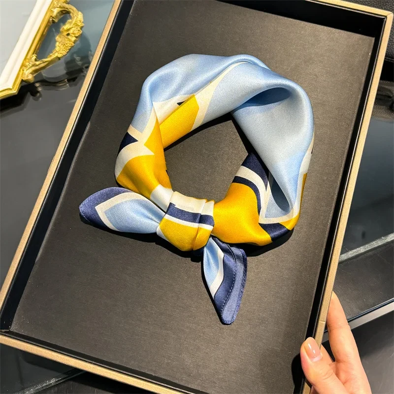 100% Natural Mulberry Silk Scarf Gift Bundle – Blue and Yellow Geometric Pattern