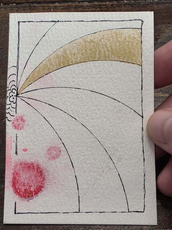 ACEO Original Art Card Hand-painted Watercolor, Abstract Floral Linework, Gold