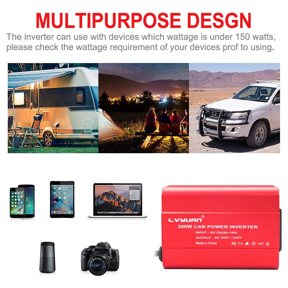 200w Pure Sine Wave Car Power Inverter Converter Dc 12v To Ac 230v Usb