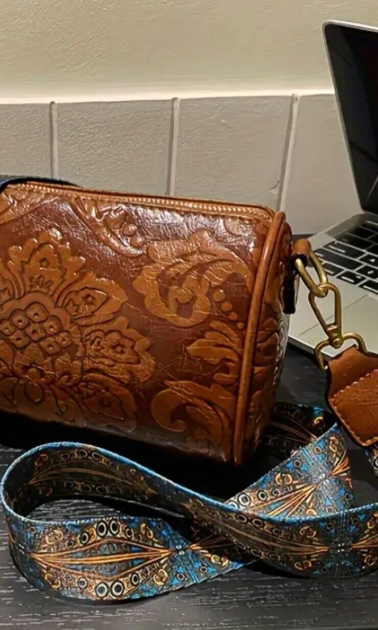 Cylinder Brown Purse Ethnic Flower Embossed Crossbody Bag with Wide