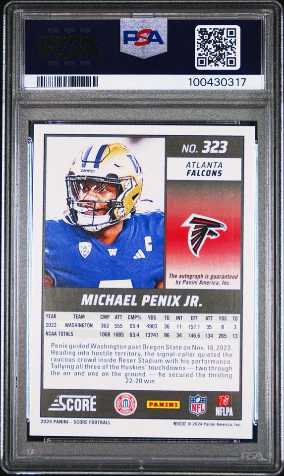 2024 Panini Score - Michael Penix Jr Signature  END ZONE 1/6 RC POP 1 - Image 2 of 2