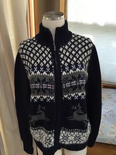 NWT Eddie Bauer Navy Blue Fair Isle Reindeer Cardigan Zip Sweater Medium