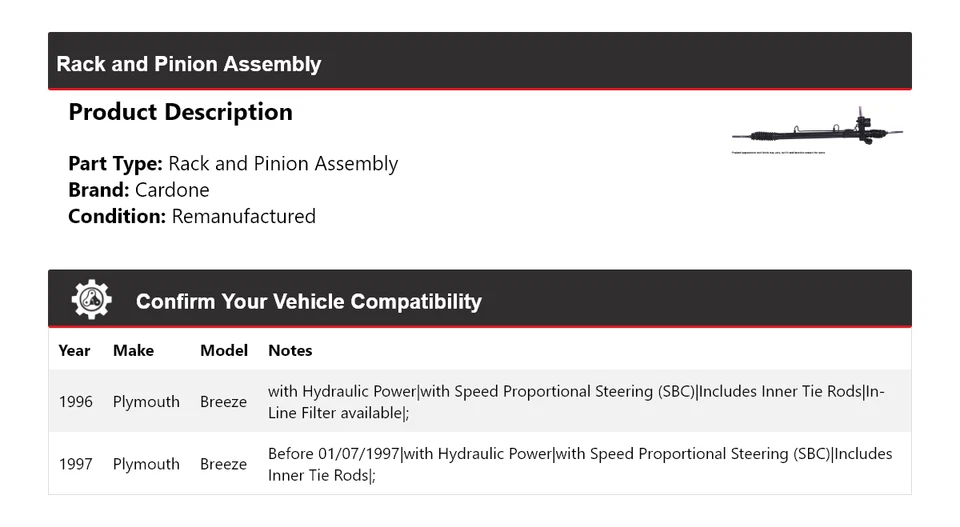 For 1996-1997 Plymouth Breeze Rack and Pinion Assembly Cardone - Image 2 of 4
