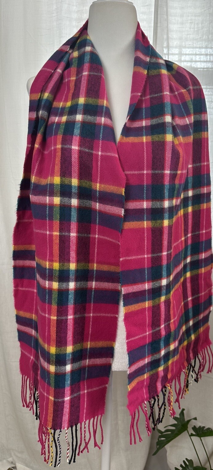 Scottish Cashmere Scarf in Bright Pink Yellow Blue Plaid with Fringe