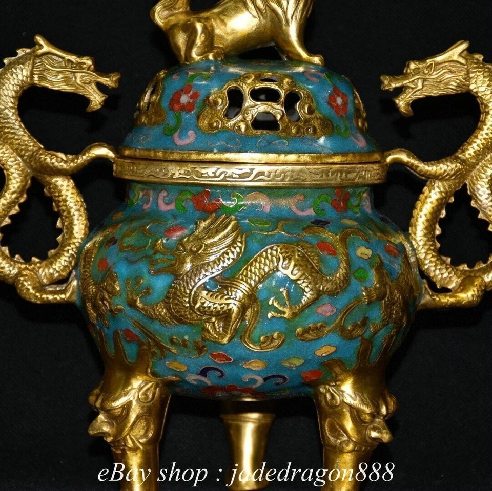 10" QianLong Marked China Copper Cloisonn Dragon Lion Sculpture Incense Censer - Image 4 of 4