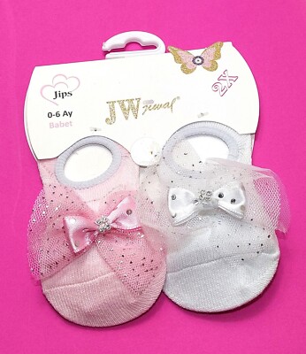 Festliche Baby Söckchen, Blume Tutu Tüll Glitzer Steine, 2er Set Rosa/Weiß 0-6 m
