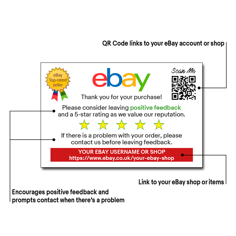 Personalised eBay Thank You Cards links to YOUR shop 300gsm