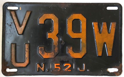 US Kennzeichen New Jersey VU 39 W Auto Car Nummernschild gelaufen 1952
