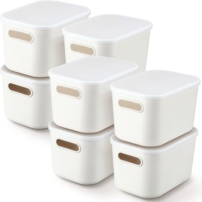 8 Pack White Plastic Storage Bins Stackable With Lids For Home Office Organiz...