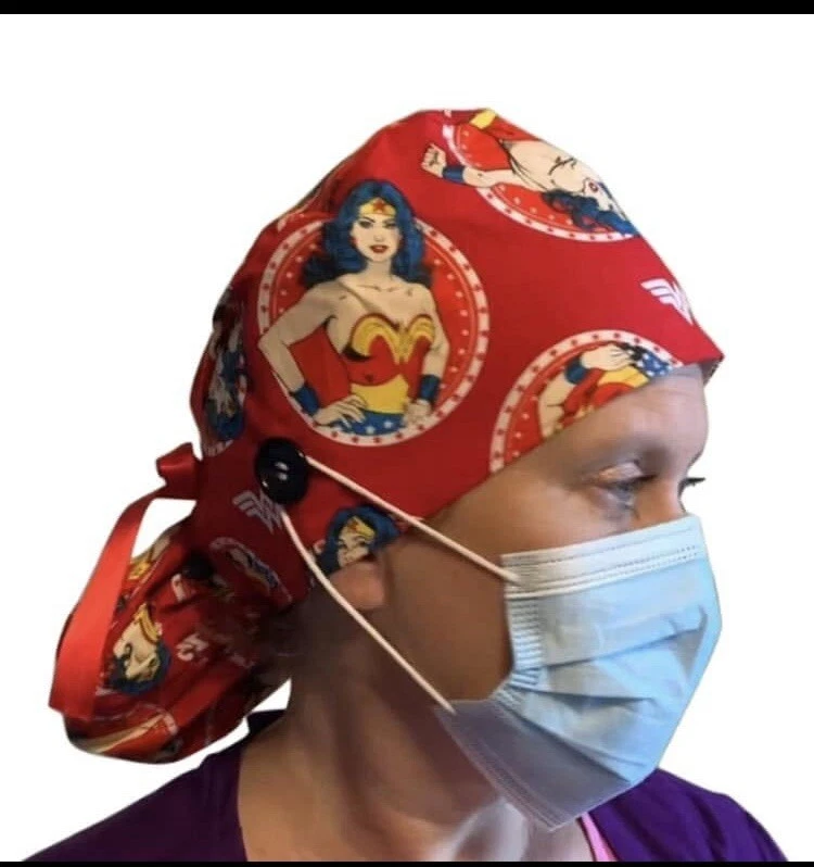 Wonder Woman SATIN LINED Scrub Cap Ponytail Hat Long Hair Protection Nurse Hat - Image 2 of 4