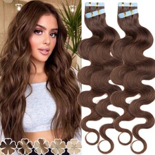 100g Wavy Tape In Remy Human Hair Extensions Skin Weft Real Thick Brown 40pcs US