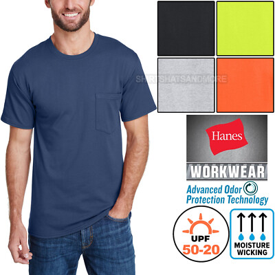 Mens Hanes Pocket T-Shirt 50-20 UPF Moisture Wick Odor Protect Extra Length  Tee