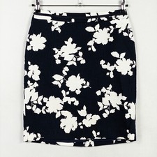 Talbots Skirt 8 PETITE Navy Blue White Floral PrintPencil Lined Back Slit