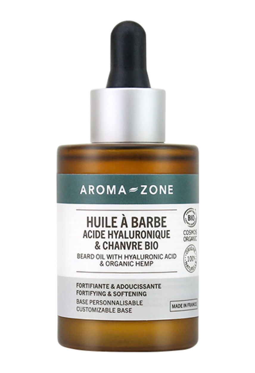 Huile à barbe acide hyaluronique et chanvre bio Aroma-Zone pour hydrater en profondeur et discipliner