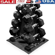 Durable Rubber Coated Dumbbells Set W/ A-Frame Stand Non-Slip Grip 100 lb New