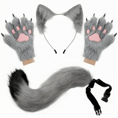 Katzenohren Schwanz Handschuhe Set Faux Katzenohr Stirnband verstellbarer Riemen