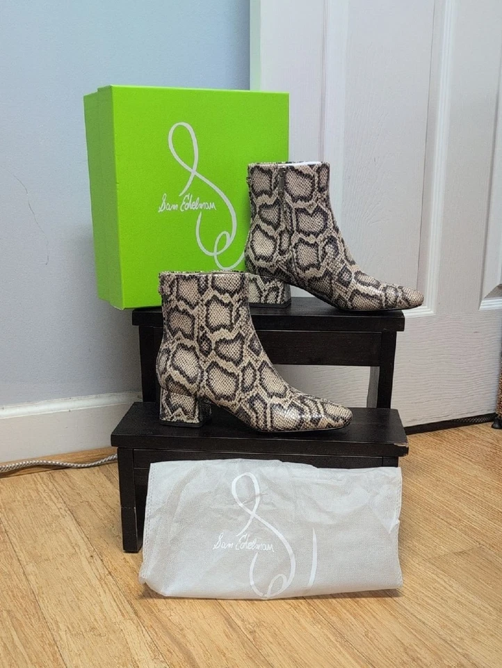 Sam Edelman Paige2 Botines de Cuero con Patrón de Piel de Serpiente - Beige/Negro 7.5M NUEVO - Imagen 1 de 4