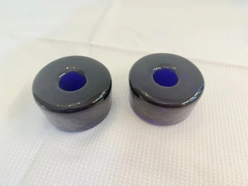 Blenko 990A Cobalt Blue Art Glass "Puck" Taper Candle Stick Holders - Set of 2