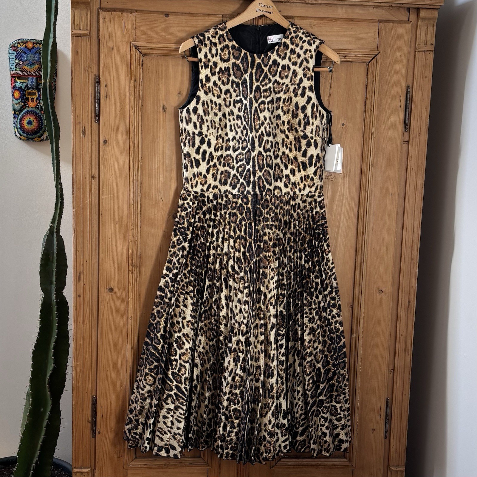 RED VALENTINO SLEEVELESS LEOPARD PRINT PLEATED DRESS NEW WITH TAGS SIZE 42