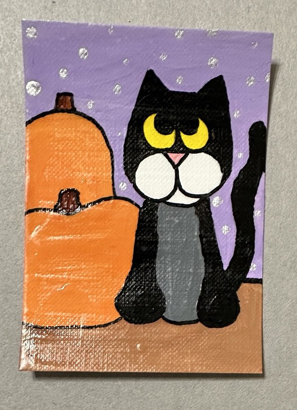 Original ACEO Art Card - Black Cat & Pumpkins 3.5 in by 2.5 in Acrylic Painting