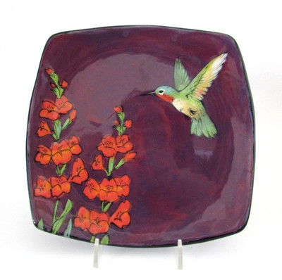 Rainbow Gate Pottery Santa Fe Purple Hummingbird Hollyhock Plate 2017