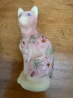 Fenton Burmese Satin Glass Sitting Cat Figurine Hand Painted Flowers Signed