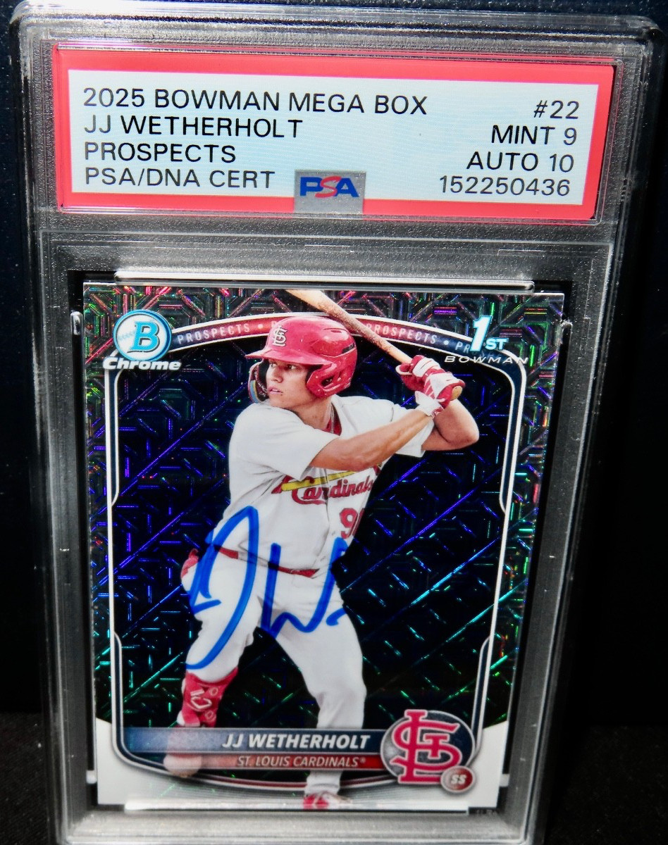 2025 BOWMAN CHROME JJ WETHERHOLT SIGNED ROOKIE AUTO PSA/DNA 10 PSA 9 MEGA BOX !! view 5