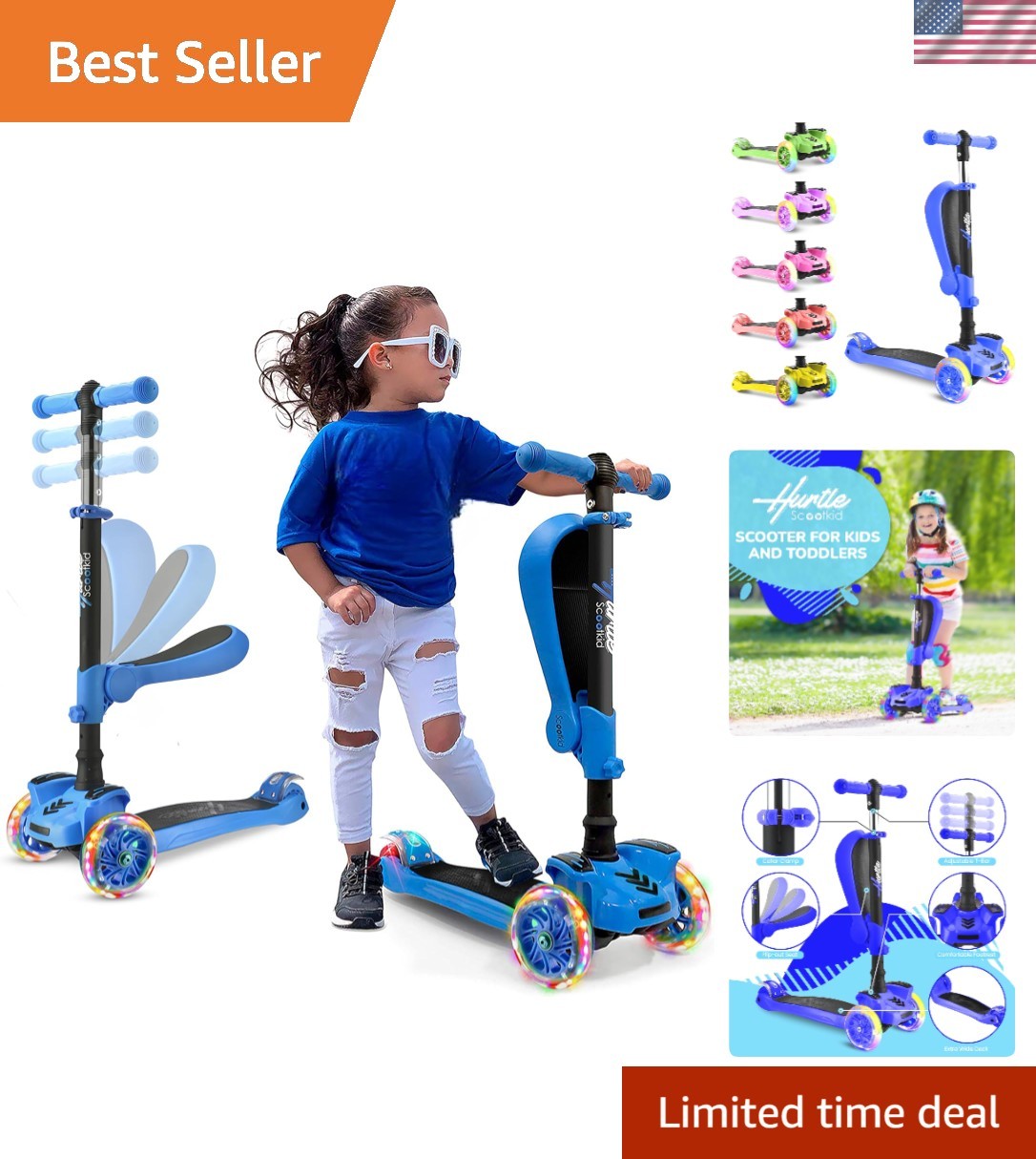Kids 3-Wheeled Scooter with Adjustable Height and Light-Up Wheels - Ages 1-14