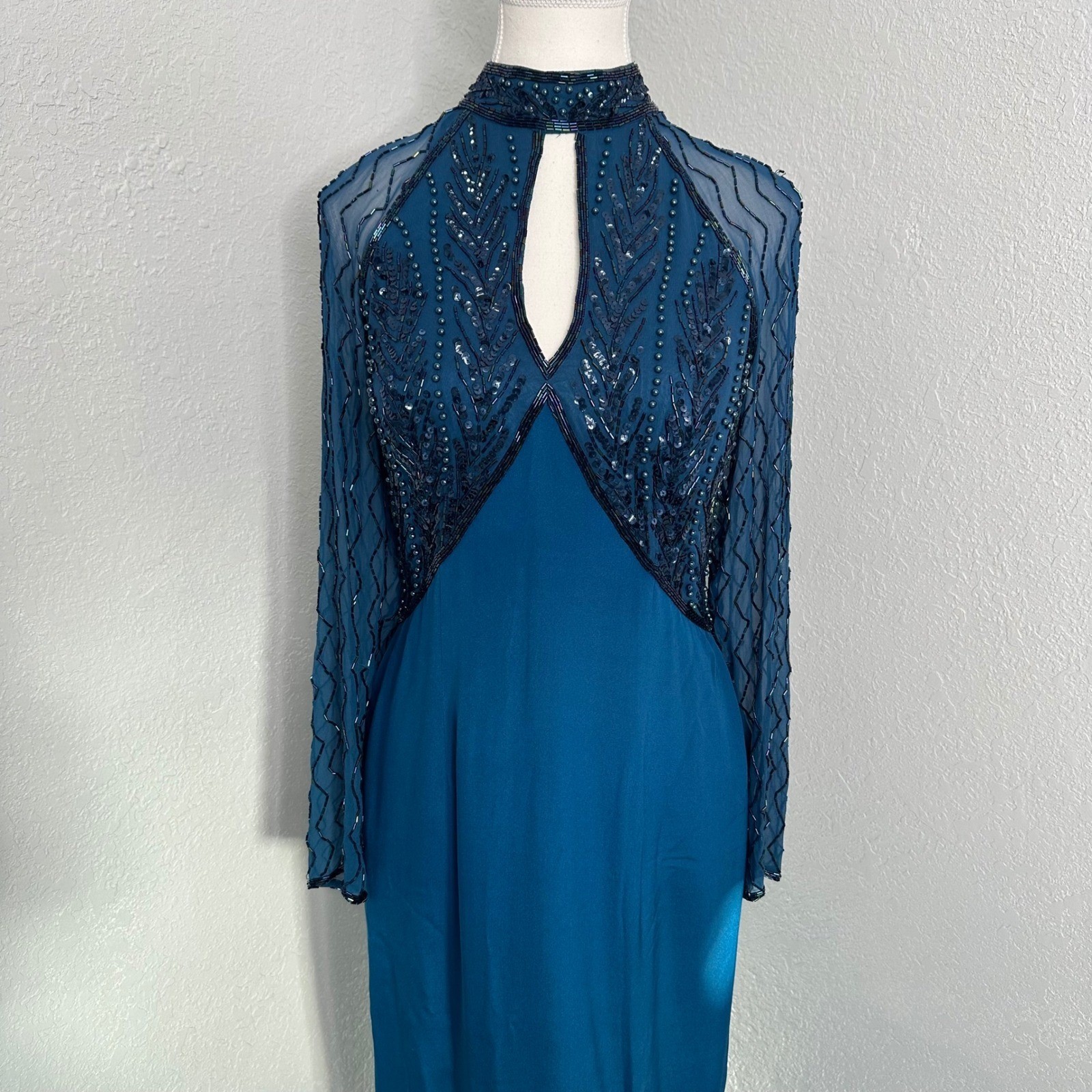 Vintage Alyce Designs 100% Silk Beaded Gown Sz 12 Blue Long Sleeve Evening Dress