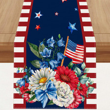 Linen Watercolor Red White Blue American Flag Stars Patriotic Table Runner