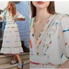 Farm Rio Dress Mixed Off-White Prints Midi Tiered Rainbow in White
