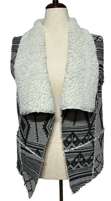 Mossimo Vest Womens XL Black Gray Wool Blend Tribal Aztec Faux Fur Open Boho