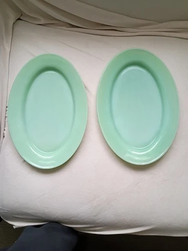 2 Fire King Oven Ware Oval Jadeite Platter 11 1/2” X 8” Heavy